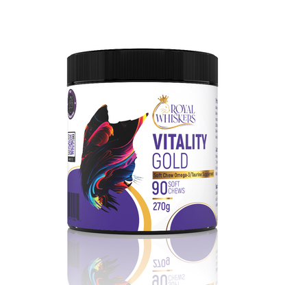 Royal Whiskers Vitality Gold - Omega 3 & Taurine Premium Soft Chew Supplement - Promotes Cell, Heart, Brain, Eyesight, Skin, and Coat Health